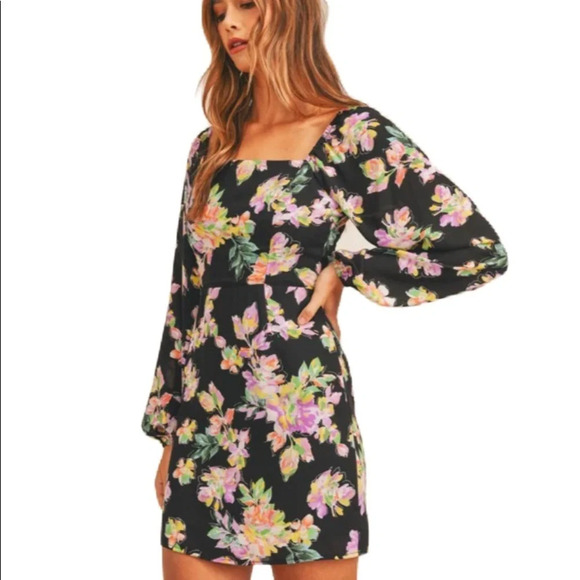 Lush NEW Square Neck Mini Dress Back Smocking Cutout Detail Dark Floral Print - Picture 9 of 16